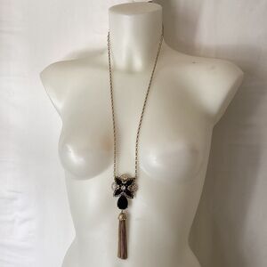 2123 STONY 40" Long Sparkly Black Y-Necklace Gold Tone Tassle lead/nickel free